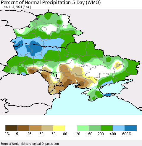 Ukraine, Moldova and Belarus Percent of Normal Precipitation 5-Day (WMO) Thematic Map For 1/1/2024 - 1/5/2024