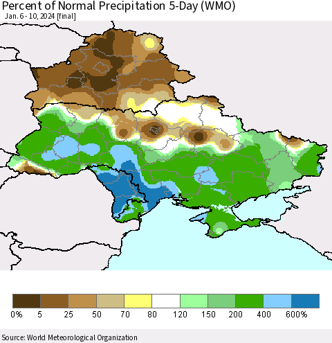 Ukraine, Moldova and Belarus Percent of Normal Precipitation 5-Day (WMO) Thematic Map For 1/6/2024 - 1/10/2024