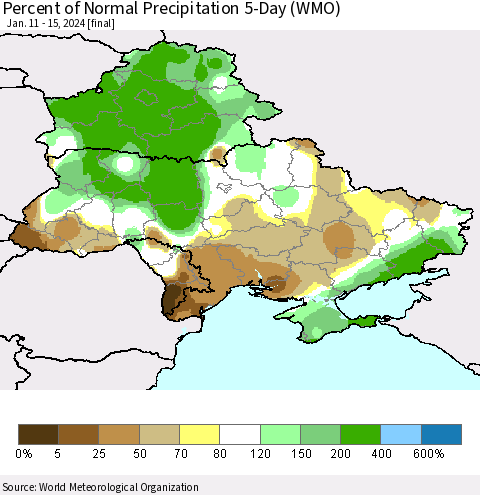 Ukraine, Moldova and Belarus Percent of Normal Precipitation 5-Day (WMO) Thematic Map For 1/11/2024 - 1/15/2024
