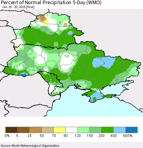 Ukraine, Moldova and Belarus Percent of Normal Precipitation 5-Day (WMO) Thematic Map For 1/16/2024 - 1/20/2024