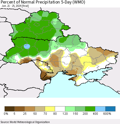 Ukraine, Moldova and Belarus Percent of Normal Precipitation 5-Day (WMO) Thematic Map For 1/21/2024 - 1/25/2024