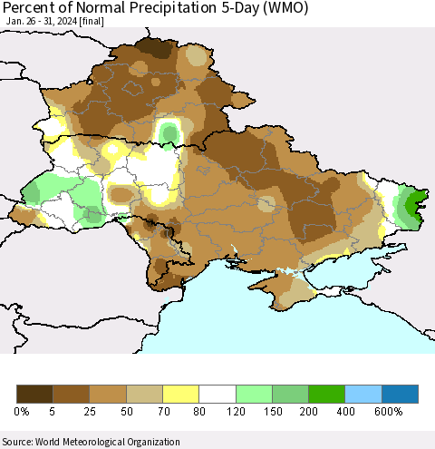Ukraine, Moldova and Belarus Percent of Normal Precipitation 5-Day (WMO) Thematic Map For 1/26/2024 - 1/31/2024