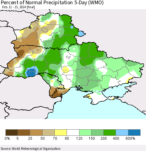 Ukraine, Moldova and Belarus Percent of Normal Precipitation 5-Day (WMO) Thematic Map For 2/11/2024 - 2/15/2024
