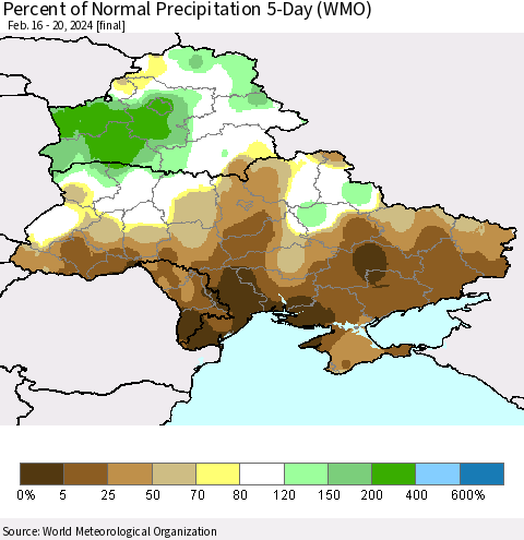 Ukraine, Moldova and Belarus Percent of Normal Precipitation 5-Day (WMO) Thematic Map For 2/16/2024 - 2/20/2024