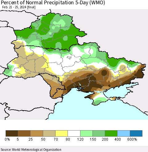 Ukraine, Moldova and Belarus Percent of Normal Precipitation 5-Day (WMO) Thematic Map For 2/21/2024 - 2/25/2024