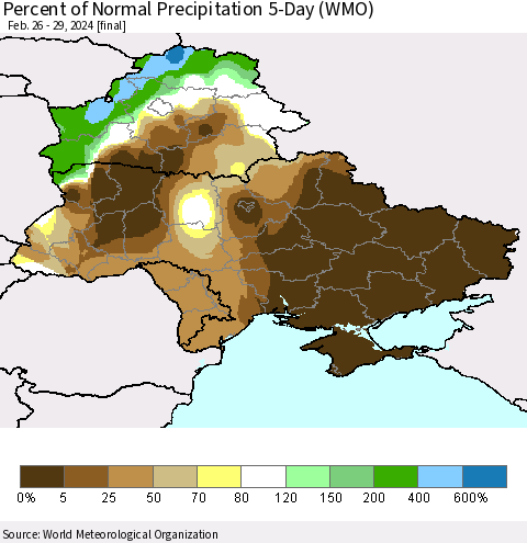 Ukraine, Moldova and Belarus Percent of Normal Precipitation 5-Day (WMO) Thematic Map For 2/26/2024 - 2/29/2024