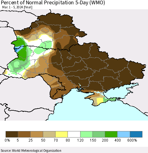Ukraine, Moldova and Belarus Percent of Normal Precipitation 5-Day (WMO) Thematic Map For 3/1/2024 - 3/5/2024