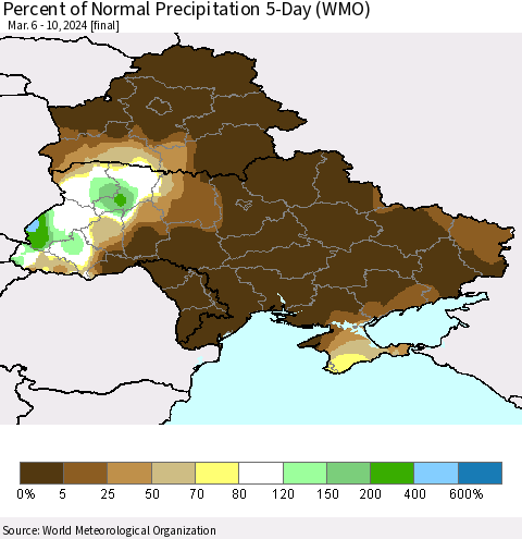 Ukraine, Moldova and Belarus Percent of Normal Precipitation 5-Day (WMO) Thematic Map For 3/6/2024 - 3/10/2024