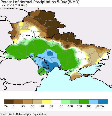 Ukraine, Moldova and Belarus Percent of Normal Precipitation 5-Day (WMO) Thematic Map For 3/11/2024 - 3/15/2024