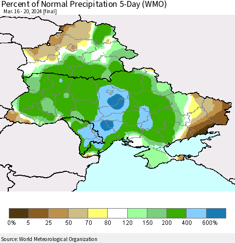 Ukraine, Moldova and Belarus Percent of Normal Precipitation 5-Day (WMO) Thematic Map For 3/16/2024 - 3/20/2024