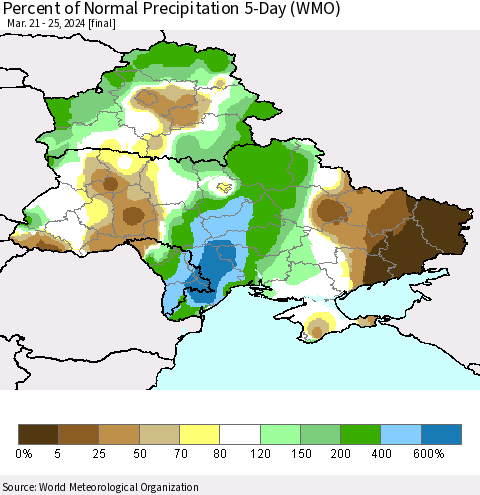 Ukraine, Moldova and Belarus Percent of Normal Precipitation 5-Day (WMO) Thematic Map For 3/21/2024 - 3/25/2024