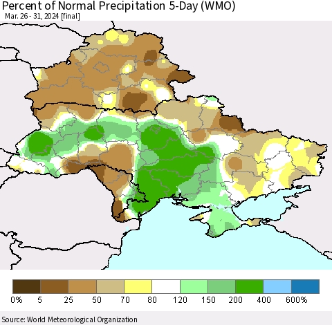 Ukraine, Moldova and Belarus Percent of Normal Precipitation 5-Day (WMO) Thematic Map For 3/26/2024 - 3/31/2024