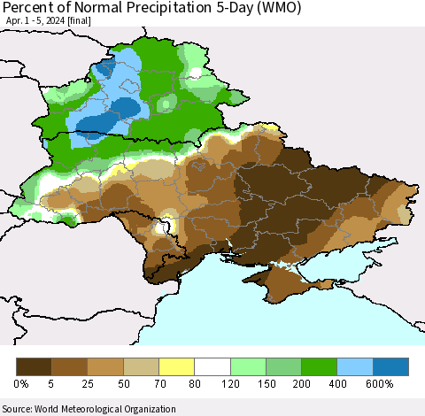 Ukraine, Moldova and Belarus Percent of Normal Precipitation 5-Day (WMO) Thematic Map For 4/1/2024 - 4/5/2024