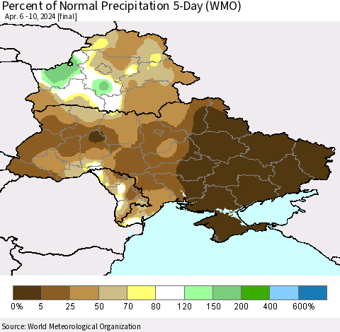 Ukraine, Moldova and Belarus Percent of Normal Precipitation 5-Day (WMO) Thematic Map For 4/6/2024 - 4/10/2024