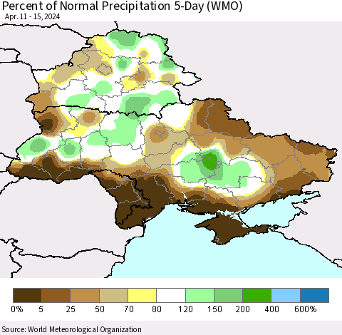 Ukraine, Moldova and Belarus Percent of Normal Precipitation 5-Day (WMO) Thematic Map For 4/11/2024 - 4/15/2024