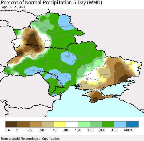 Ukraine, Moldova and Belarus Percent of Normal Precipitation 5-Day (WMO) Thematic Map For 4/16/2024 - 4/20/2024