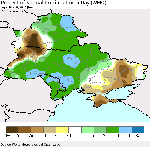 Ukraine, Moldova and Belarus Percent of Normal Precipitation 5-Day (WMO) Thematic Map For 4/16/2024 - 4/20/2024