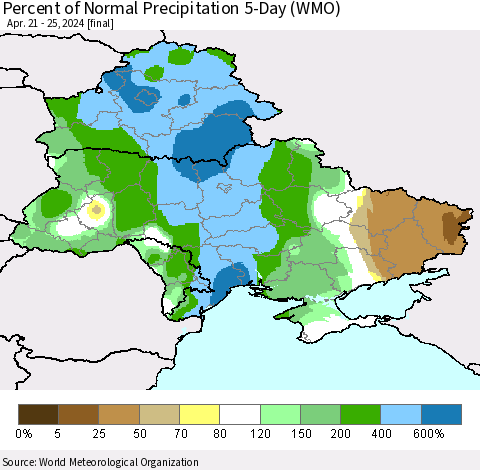 Ukraine, Moldova and Belarus Percent of Normal Precipitation 5-Day (WMO) Thematic Map For 4/21/2024 - 4/25/2024