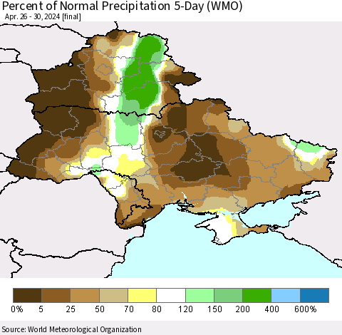 Ukraine, Moldova and Belarus Percent of Normal Precipitation 5-Day (WMO) Thematic Map For 4/26/2024 - 4/30/2024