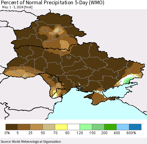 Ukraine, Moldova and Belarus Percent of Normal Precipitation 5-Day (WMO) Thematic Map For 5/1/2024 - 5/5/2024