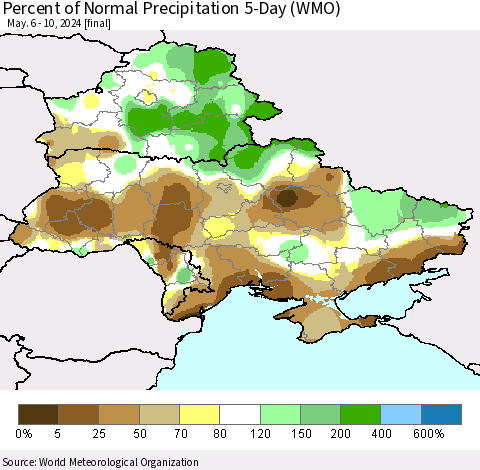Ukraine, Moldova and Belarus Percent of Normal Precipitation 5-Day (WMO) Thematic Map For 5/6/2024 - 5/10/2024