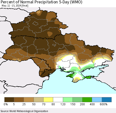 Ukraine, Moldova and Belarus Percent of Normal Precipitation 5-Day (WMO) Thematic Map For 5/11/2024 - 5/15/2024