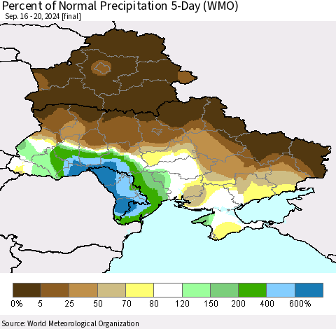Ukraine, Moldova and Belarus Percent of Normal Precipitation 5-Day (WMO) Thematic Map For 9/16/2024 - 9/20/2024