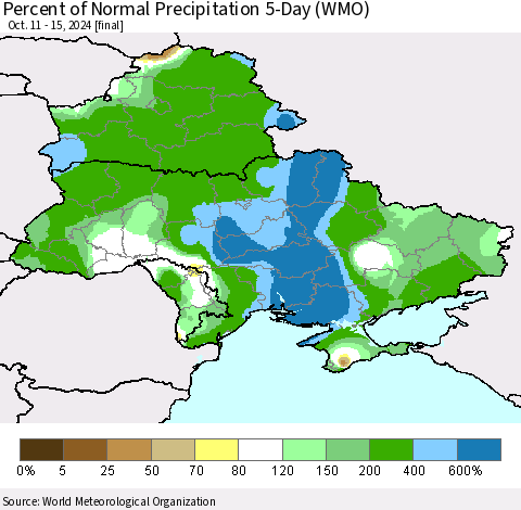 Ukraine, Moldova and Belarus Percent of Normal Precipitation 5-Day (WMO) Thematic Map For 10/11/2024 - 10/15/2024