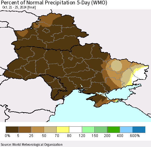 Ukraine, Moldova and Belarus Percent of Normal Precipitation 5-Day (WMO) Thematic Map For 10/21/2024 - 10/25/2024