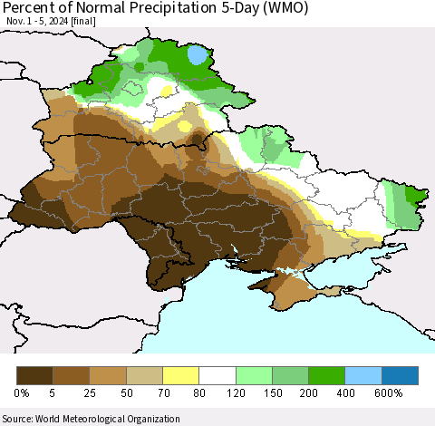 Ukraine, Moldova and Belarus Percent of Normal Precipitation 5-Day (WMO) Thematic Map For 11/1/2024 - 11/5/2024