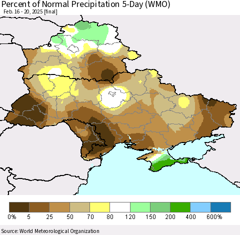 Ukraine, Moldova and Belarus Percent of Normal Precipitation 5-Day (WMO) Thematic Map For 2/16/2025 - 2/20/2025