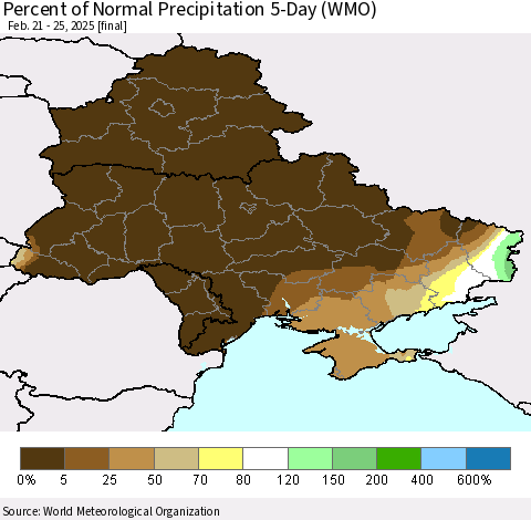 Ukraine, Moldova and Belarus Percent of Normal Precipitation 5-Day (WMO) Thematic Map For 2/21/2025 - 2/25/2025