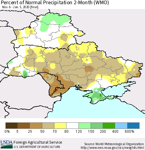 Ukraine, Moldova and Belarus Percent of Normal Precipitation 2-Month (WMO) Thematic Map For 11/6/2019 - 1/5/2020