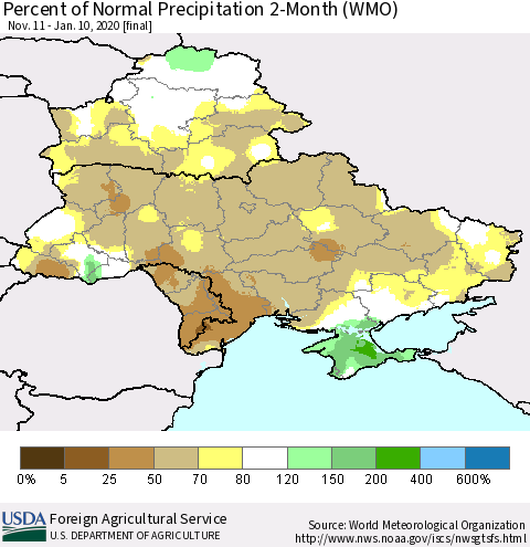 Ukraine, Moldova and Belarus Percent of Normal Precipitation 2-Month (WMO) Thematic Map For 11/11/2019 - 1/10/2020