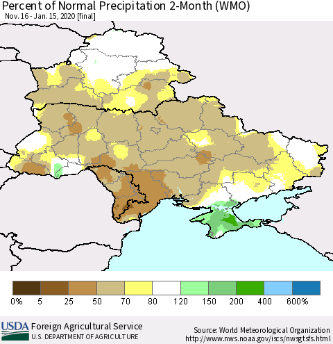 Ukraine, Moldova and Belarus Percent of Normal Precipitation 2-Month (WMO) Thematic Map For 11/16/2019 - 1/15/2020