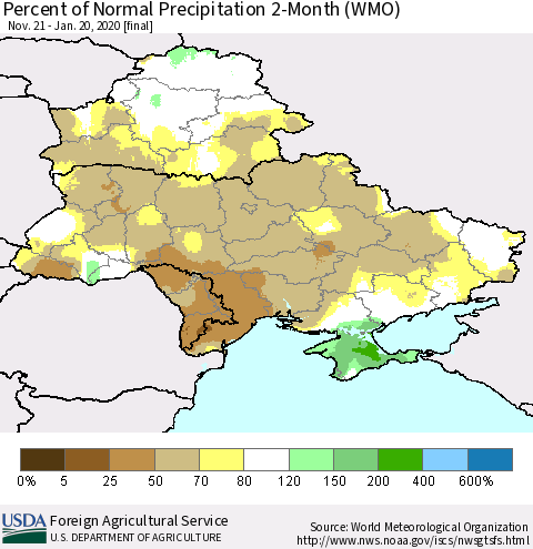 Ukraine, Moldova and Belarus Percent of Normal Precipitation 2-Month (WMO) Thematic Map For 11/21/2019 - 1/20/2020