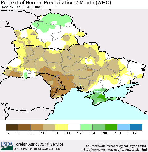 Ukraine, Moldova and Belarus Percent of Normal Precipitation 2-Month (WMO) Thematic Map For 11/26/2019 - 1/25/2020