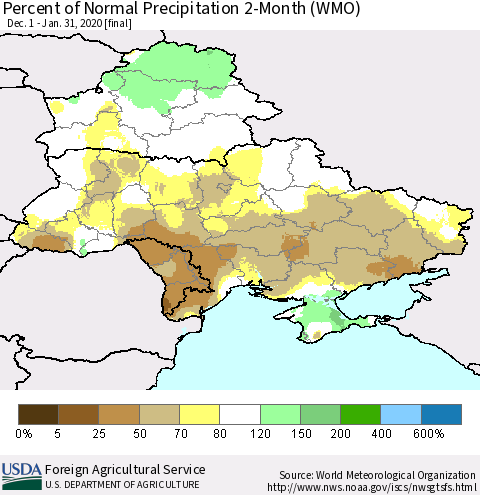Ukraine, Moldova and Belarus Percent of Normal Precipitation 2-Month (WMO) Thematic Map For 12/1/2019 - 1/31/2020