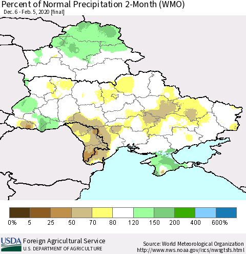 Ukraine, Moldova and Belarus Percent of Normal Precipitation 2-Month (WMO) Thematic Map For 12/6/2019 - 2/5/2020