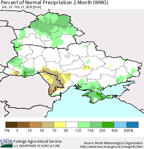 Ukraine, Moldova and Belarus Percent of Normal Precipitation 2-Month (WMO) Thematic Map For 12/16/2019 - 2/15/2020