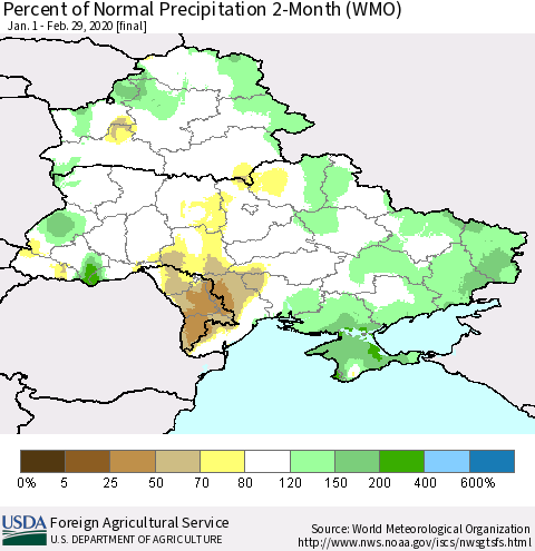 Ukraine, Moldova and Belarus Percent of Normal Precipitation 2-Month (WMO) Thematic Map For 1/1/2020 - 2/29/2020