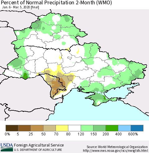 Ukraine, Moldova and Belarus Percent of Normal Precipitation 2-Month (WMO) Thematic Map For 1/6/2020 - 3/5/2020