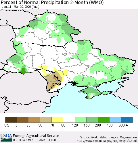 Ukraine, Moldova and Belarus Percent of Normal Precipitation 2-Month (WMO) Thematic Map For 1/11/2020 - 3/10/2020