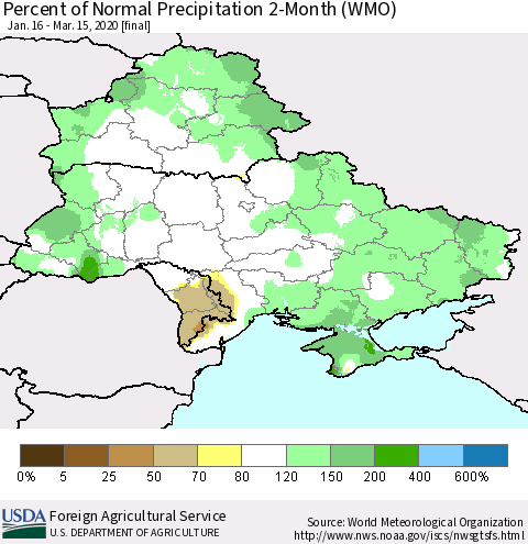 Ukraine, Moldova and Belarus Percent of Normal Precipitation 2-Month (WMO) Thematic Map For 1/16/2020 - 3/15/2020
