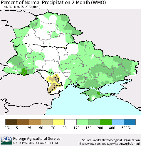 Ukraine, Moldova and Belarus Percent of Normal Precipitation 2-Month (WMO) Thematic Map For 1/26/2020 - 3/25/2020