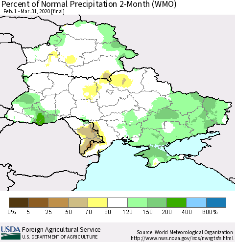 Ukraine, Moldova and Belarus Percent of Normal Precipitation 2-Month (WMO) Thematic Map For 2/1/2020 - 3/31/2020