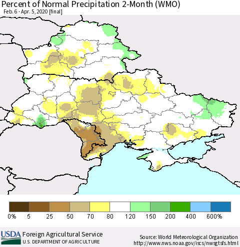 Ukraine, Moldova and Belarus Percent of Normal Precipitation 2-Month (WMO) Thematic Map For 2/6/2020 - 4/5/2020