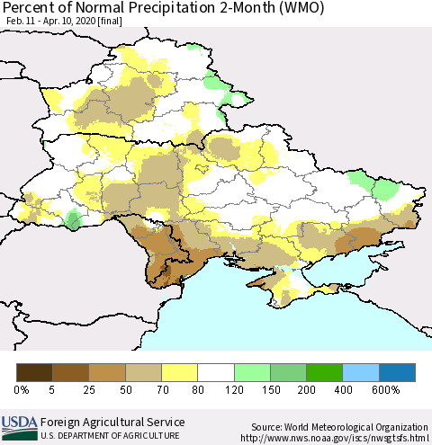 Ukraine, Moldova and Belarus Percent of Normal Precipitation 2-Month (WMO) Thematic Map For 2/11/2020 - 4/10/2020