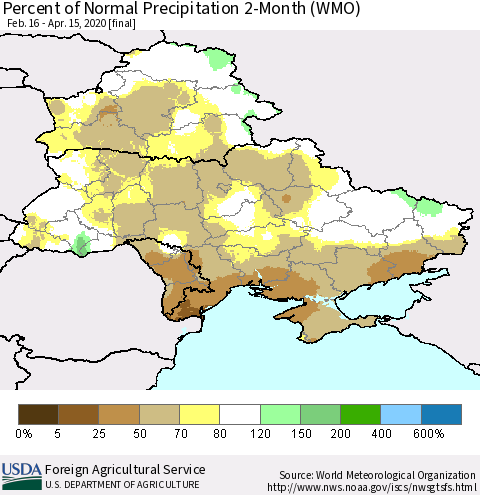 Ukraine, Moldova and Belarus Percent of Normal Precipitation 2-Month (WMO) Thematic Map For 2/16/2020 - 4/15/2020