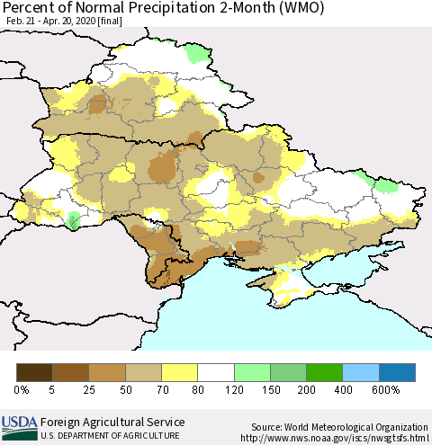 Ukraine, Moldova and Belarus Percent of Normal Precipitation 2-Month (WMO) Thematic Map For 2/21/2020 - 4/20/2020